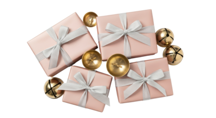 Isolated set of holiday gifts wrapped in blush paper with silver bows and gold bells