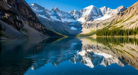 Crystal-clear mountain lake with snow-capped peaks and flawless reflection