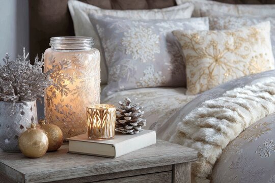 Serene bedroom designed with soft fabrics, gentle lighting, and holiday decor, promoting relaxation and a festive spirit for the New Year