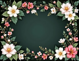 Fototapeta premium Floral Border Design Featuring Pink and White Flowers on Deep Green Background