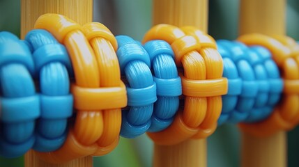 Close-up of interwoven blue and orange rope sections on light brown posts