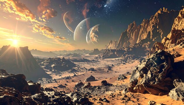 Rocky alien landscape with three distant planets and a colorful sky, bathed in warm light
