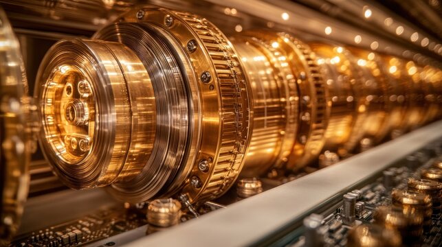 Close-up of intricate golden gears and machinery