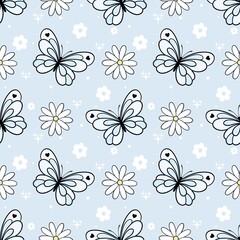 Aesthetic Pastel Blue Butterfly, Daisy Flower, and Sparkle Clouds Seamless Pattern
