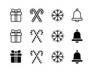 Gift candy snowflake bell christmas holiday season celebration festive winter decoration merry vector icon set