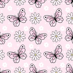 Soft Pastel Pink Butterfly and Daisy Meadow Retro Kawaii Seamless Pattern