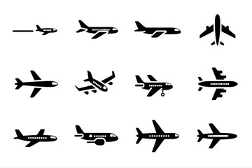 Airplane vector set aviation travel aircraft flight transportation silhouette design journey airline icons set