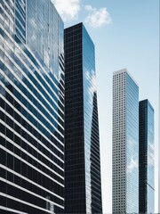Contemporary Skyscrapers Reaching Towards Blue Sky with Reflections and Clouds in Urban Setting
