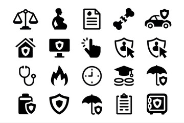 Insurance health protection safety security finance accident medical life care family home business icon set