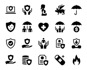 Explore insurance security protection coverage and safety with health life and financial risk management icons