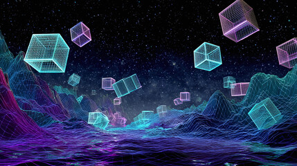 Abstract landscape with floating cubes in a futuristic setting