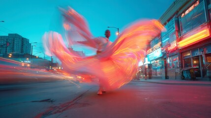 Dynamic dancer in colorful attire, vibrant motion captured on urban street, showcasing creativity and energy.