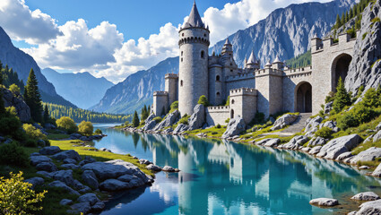 Medieval stone castle with tall towers on a rocky shore of a crystal-clear mountain lake, perfect reflection, pine forest, sunny sky, and majestic mountains, digital art for fantasy and travel themes