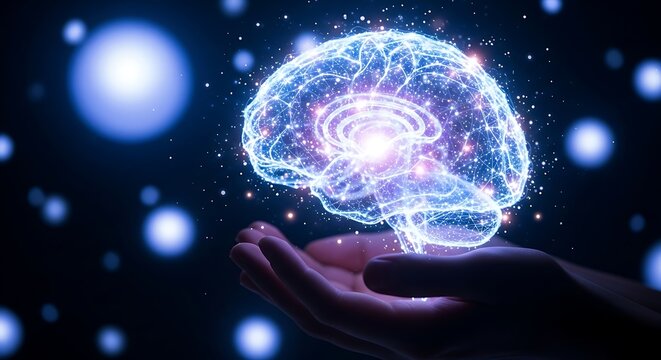 Glowing digital brain emerging from a human hand with bokeh lights