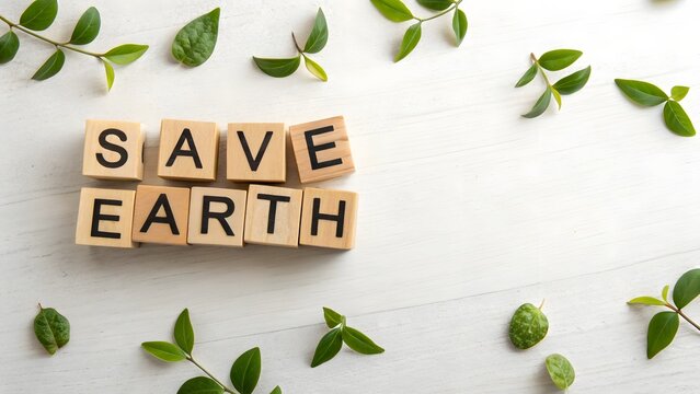 SAVE EARTH Wooden Alphabet Blocks with Green Leaves