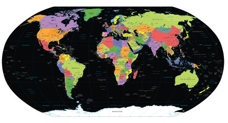 world map with all countries and states names on black background © vector designer