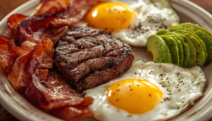 breakfast plate of eggs, meat and avocado