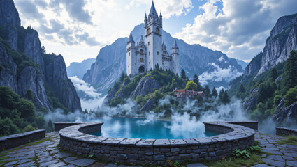 Fantasy medieval castle on a cliff surrounded by misty mountains and dense forest with a turquoise stone pool and dramatic sky, digital art for fantasy and adventure themes