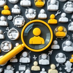 Magnifying Glass Focused on User Icon Among Diverse Social Media and Community Icons Background