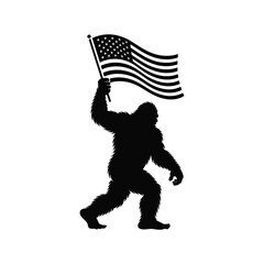 Fototapeta premium Bigfoot silhouette holding american flag patriotism sasquatch cryptid outdoors adventure freedom symbol