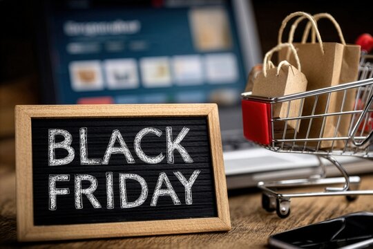 Celebrating Black Friday sale with shopping bags in cart and laptop, promotion for big discounts - Powered by Adobe