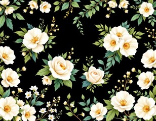Delicate Floral Pattern Featuring Cream Roses and Green Leaves on a Black Background