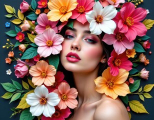 Portrait of a Beautiful Woman Surrounded by Vibrant Flowers and Lush Green Leaves