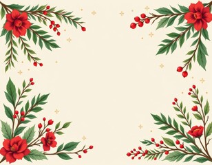 Floral Decorative Border Featuring Red Flowers and Green Leaves on a Beige Background