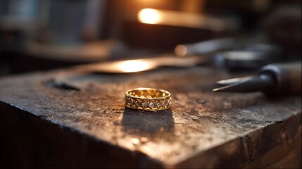 A beautifully crafted gold ring with diamonds rests on a textured workbench in a jeweler s workshop illuminated by warm light