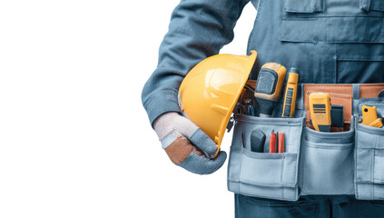 Close-up of worker in workwear, holding yellow hardhat, tools in utility belt