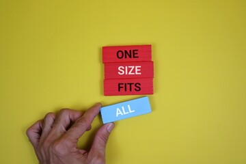 A hand adjusts a bright blue tag reading ALL next to stacked red blocks spelling ONE SIZE FITS, a yellow background. Symbolizes inclusivity, universal sizing, and flexible fashion concepts.