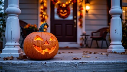 Carved Pumpkin with Grinning Face Displayed on Front Porch Decorated for Halloween Celebration