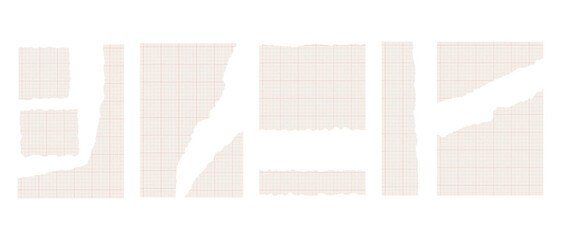 Set of Torn Vintage Ledger and Graph Paper Pieces with Rough Edges, Vector Scrapbook Design Elements