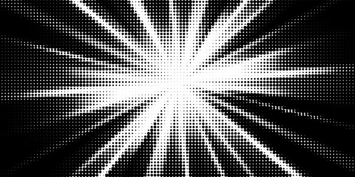 Edge frame. Halftone cartoon border. Pop art dot. Attention pattern. Faded attention texture. Black line isolated on white background. Concentration lines design. Grunge dots zoom. Vector illustration