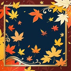 Colorful Autumn Leaves Framing a Dark Blue Background in a Vibrant Decorative Design