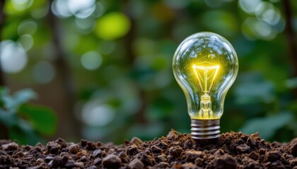 Illuminated Light Bulb Emerging from Soil Surrounded by Green Nature in Soft Focus Background