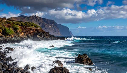 Rocky coastline with crashing waves under a partly cloudy sky, mountain backdrop in the distance