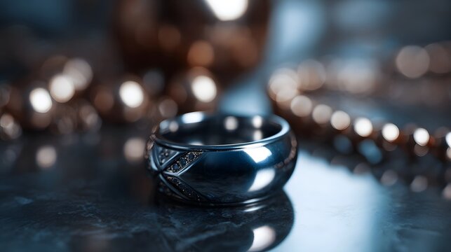 A polished silver ring with geometric patterns and dark gemstones set against a blurred background of pearls and a sphere