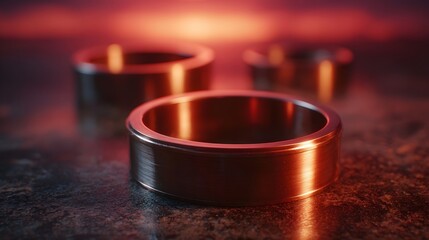 Three polished metallic rings illuminated by warm glowing light on a textured surface
