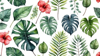 Fototapeta premium Vibrant Tropical Leaves and Hibiscus Flowers in a Colorful Botanical Arrangement