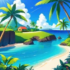 Tropical Beach Landscape with Clear Blue Water and Lush Green Palm Trees in a Sunny Environment