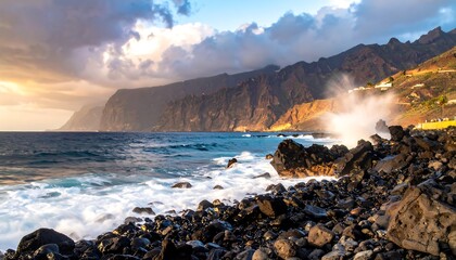 Rocky shore meets ocean waves under cloudy sky with mountains in the distance during a colorful sunset