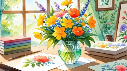 Colorful Floral Arrangement in a Glass Vase on a Wooden Table with Art Supplies and Sunlit Window