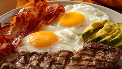 breakfast plate of eggs, meat and avocado