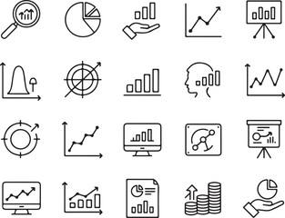 Collection of hand drawn doodle icons representing data analysis business growth financial charts statistics and research concepts for presentations and reports