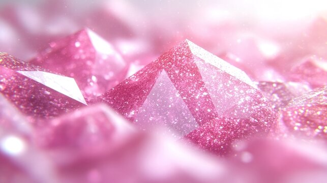 Close-up of sparkling, pyramid-shaped pink crystals