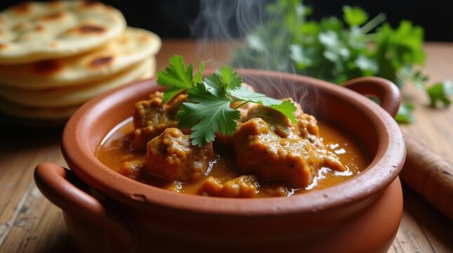 Delicious lamb curry served in a clay pot with naan bread