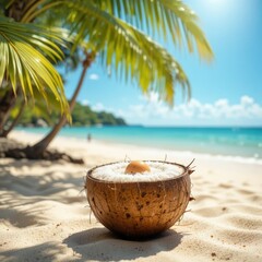 Coconut Shell Filled with White Sugar on Sunlit Sandy Beach with Palm Trees and Clear Blue Ocean