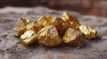 A pile of raw gold nuggets shimmering on a textured earthy surface