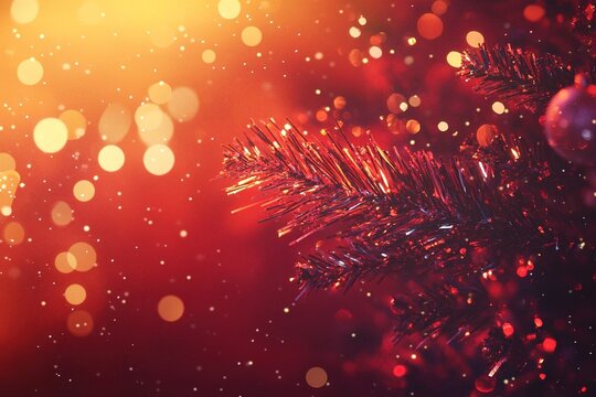 Christmas Tree In Red Background - Ornament And Abstract Defocused Lights